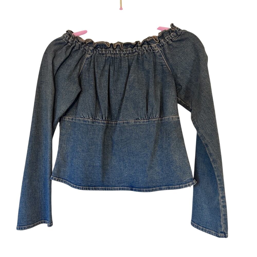 Vintage Dark Blue Denim Off-Shoulder Long Sleeve Top